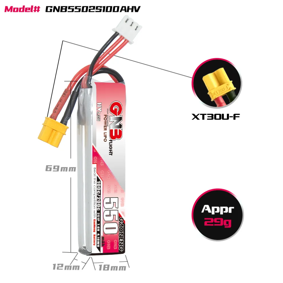 GAONENG GNB LiHV 2S 7.6V 550mAh 100C XT30 LiPo Battery Long Type - Image 2