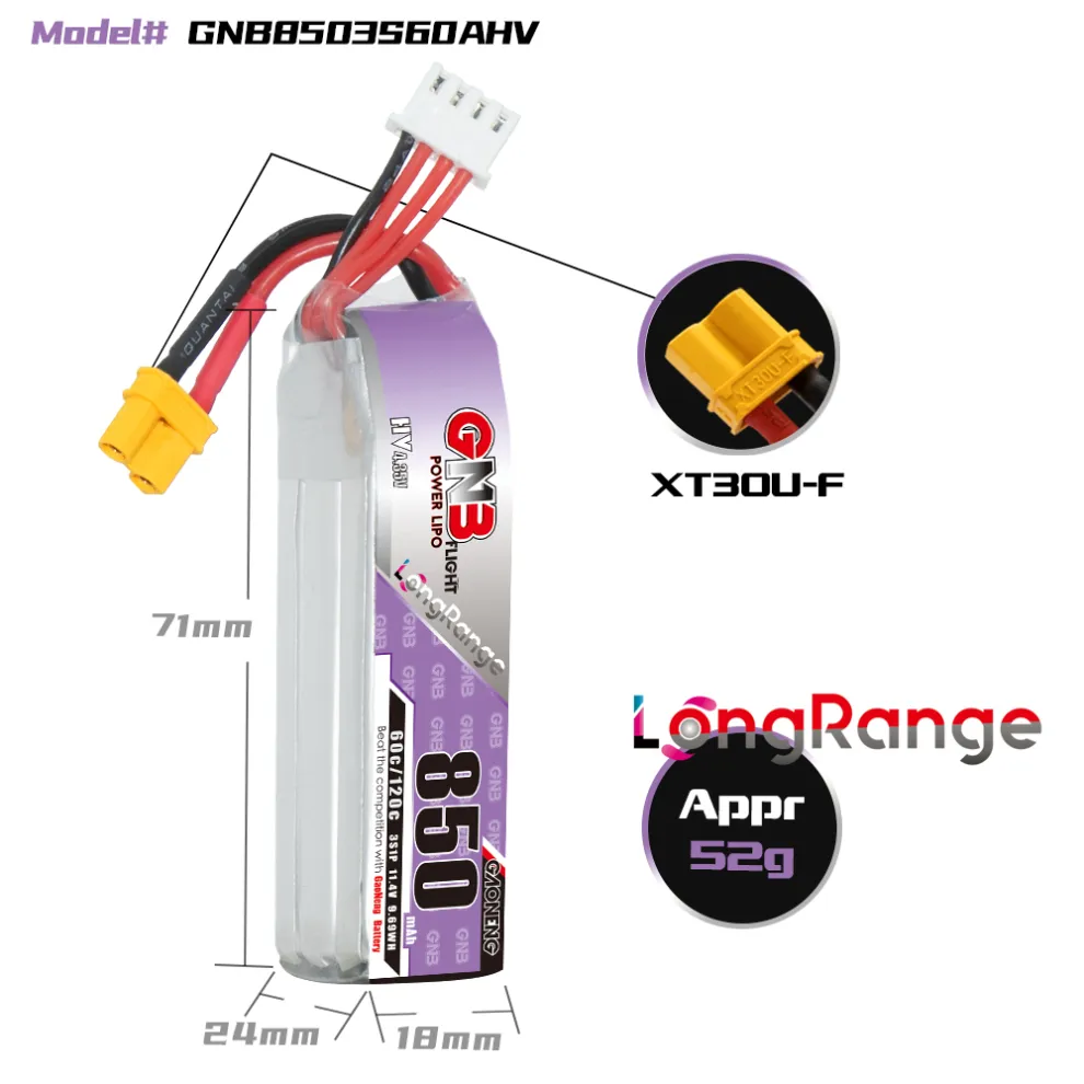 GAONENG GNB LiHV 3S 11.4V 850mAh 60C XT30 LiPo Battery Long Range - Image 4