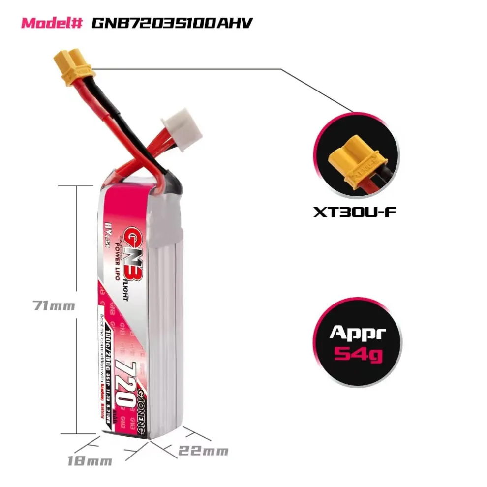 GAONENG GNB LiHV 3S 11.4V 720mAh 100C XT30 LiPo Battery - Image 4