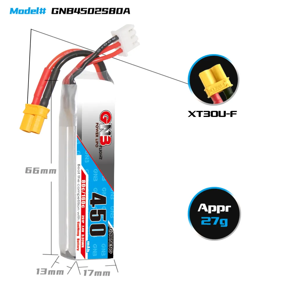 GAONENG GNB 2S 7.4V 450mAh 80C XT30 LiPo Battery Long Type - Image 5