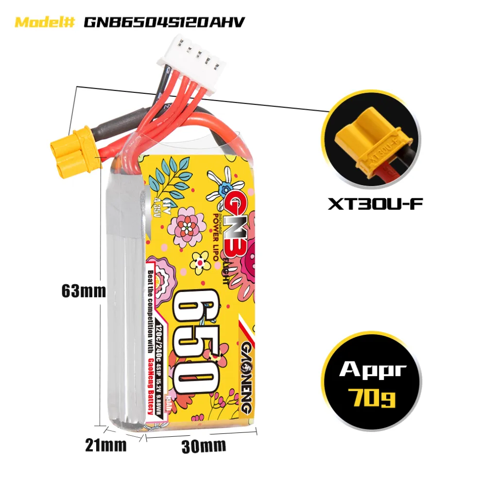 GAONENG GNB LiHV 4S 15.2V 650mAh 120C XT30 HV LiPo Battery - Image 2